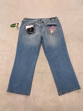 Baby Phat Rhinestone Cat Logo Wide Leg Jeans Size 13 NWT